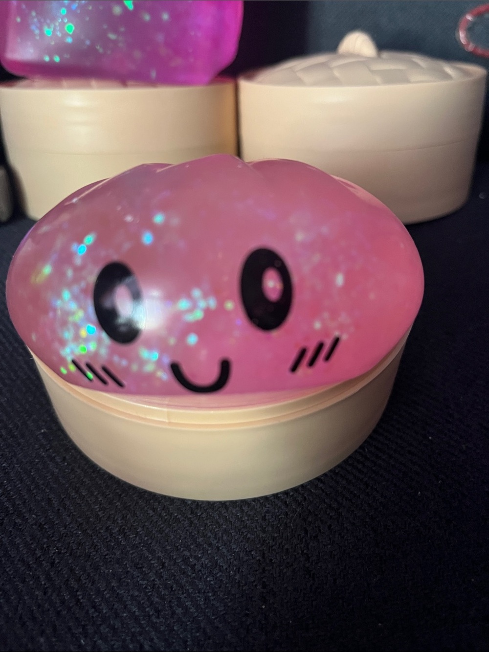 GLITER Pink Sparkle Kawaii Squishy Toy Container - Cute Smiley Design